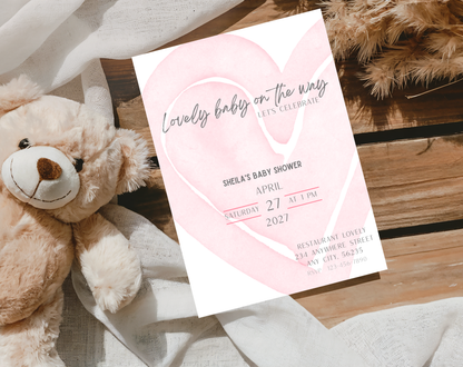 Pink Heart Baby Shower Invitation Template | Editable Canva Template | 5x7in & WhatsApp | Digital Download