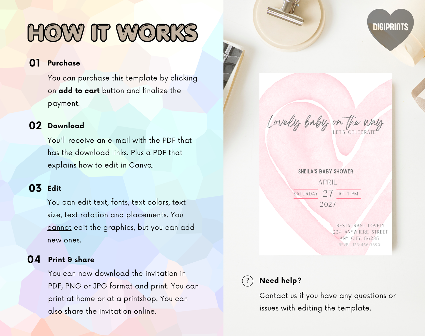 Pink Heart Baby Shower Invitation Template | Editable Canva Template | 5x7in & WhatsApp | Digital Download