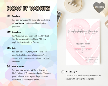 Pink Heart Baby Shower Invitation Template | Editable Canva Template | 5x7in & WhatsApp | Digital Download
