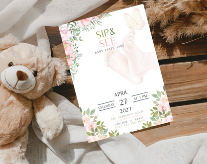 Floral Sip & See Baby Girl Invitation Template | Editable Canva Template | 5x7in & WhatsApp | Digital Download