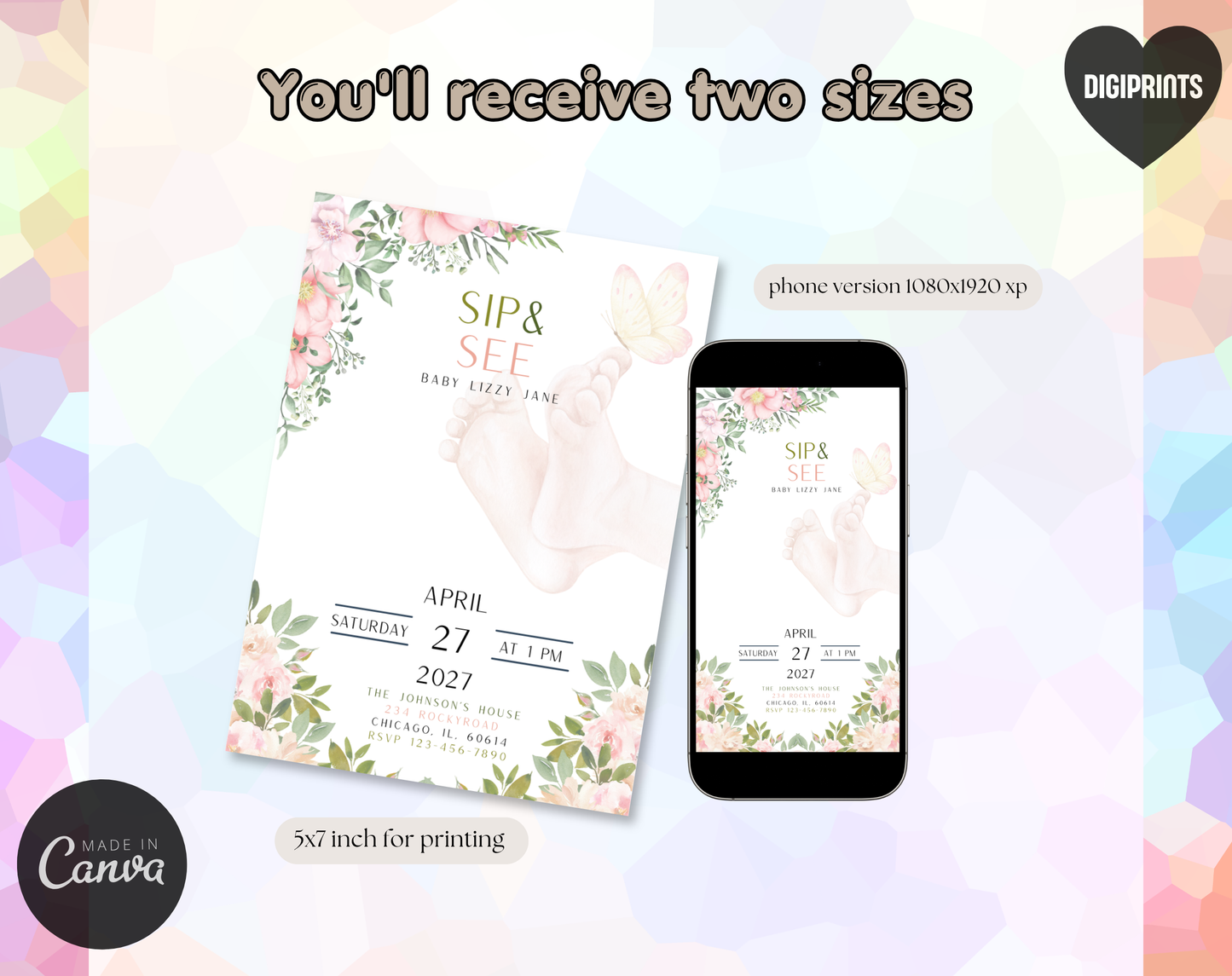 Floral Sip & See Baby Girl Invitation Template | Editable Canva Template | 5x7in & WhatsApp | Digital Download