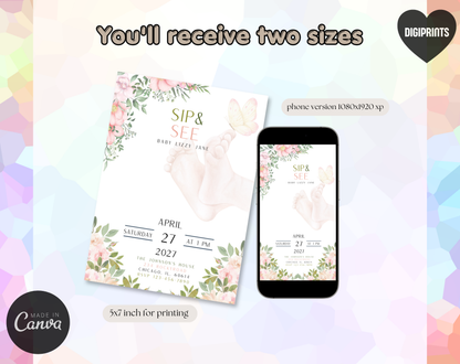 Floral Sip & See Baby Girl Invitation Template | Editable Canva Template | 5x7in & WhatsApp | Digital Download