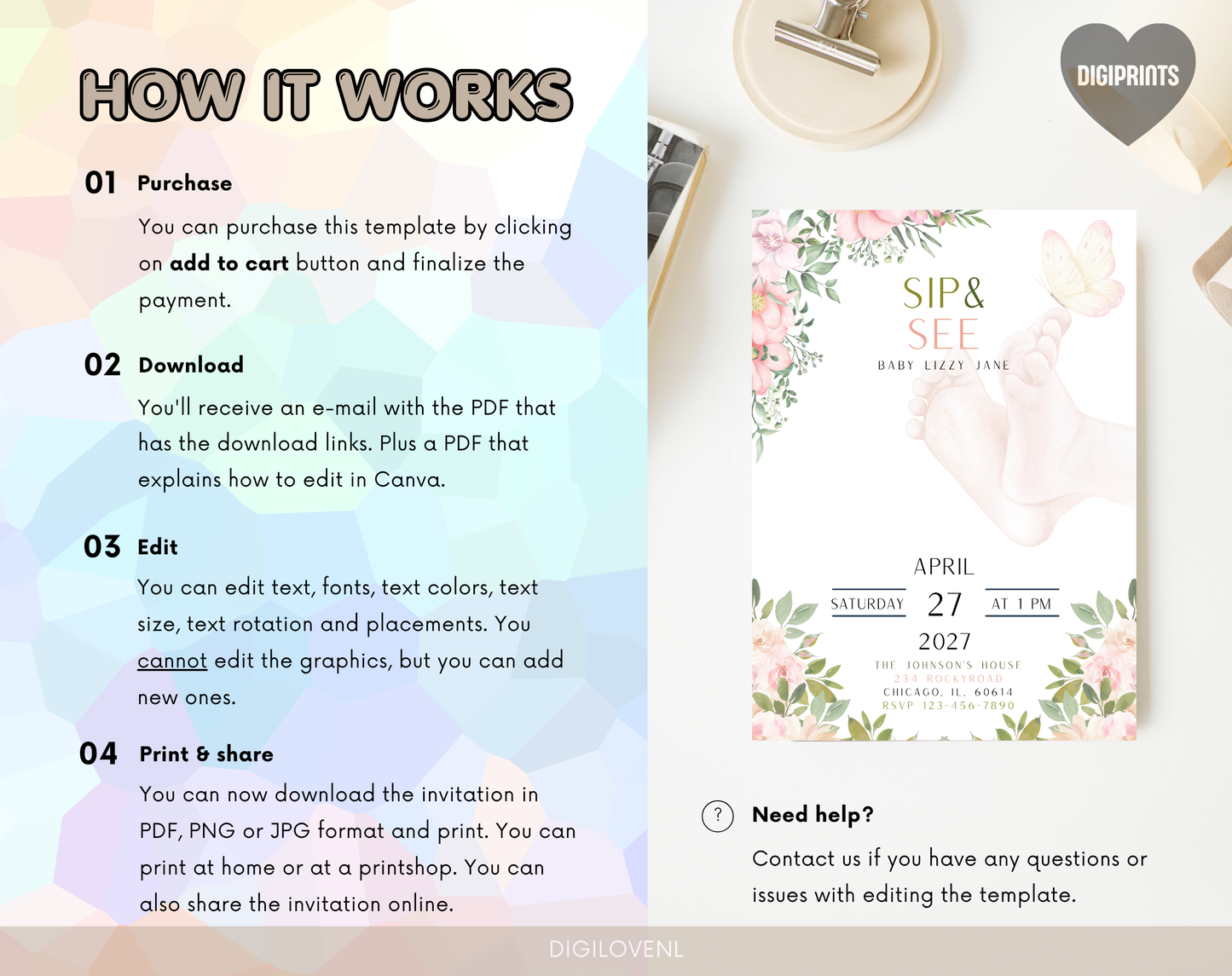 Floral Sip & See Baby Girl Invitation Template | Editable Canva Template | 5x7in & WhatsApp | Digital Download
