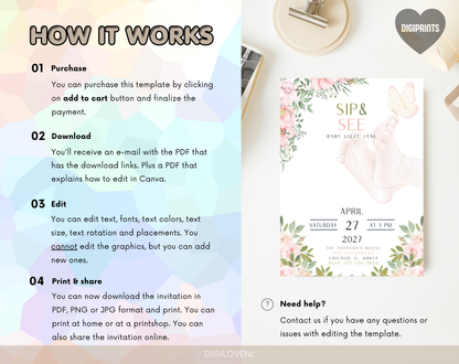 Floral Sip & See Baby Girl Invitation Template | Editable Canva Template | 5x7in & WhatsApp | Digital Download