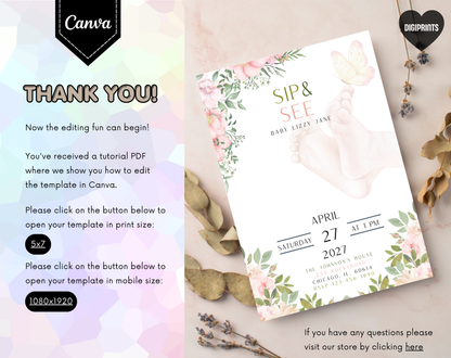Floral Sip & See Baby Girl Invitation Template | Editable Canva Template | 5x7in & WhatsApp | Digital Download