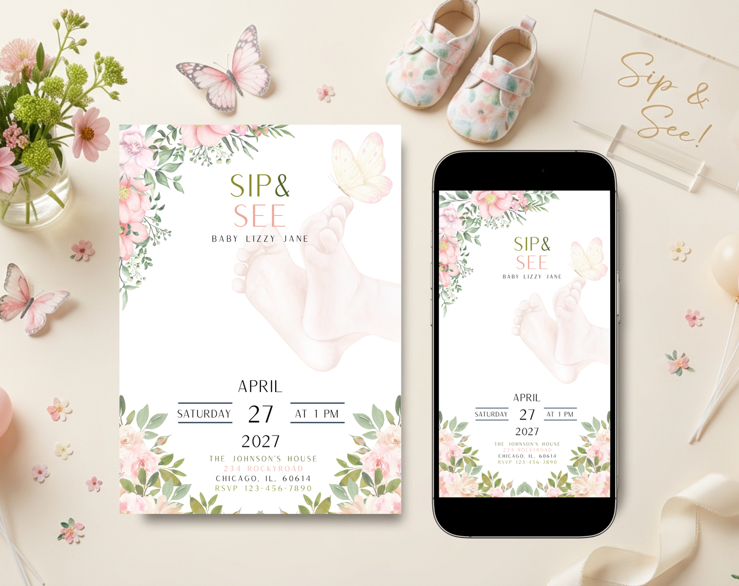 Floral Sip & See Baby Girl Invitation Template | Editable Canva Template | 5x7in & WhatsApp | Digital Download