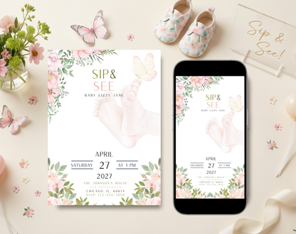Floral Sip & See Baby Girl Invitation Template | Editable Canva Template | 5x7in & WhatsApp | Digital Download