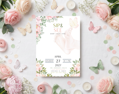 Floral Sip & See Baby Girl Invitation Template | Editable Canva Template | 5x7in & WhatsApp | Digital Download