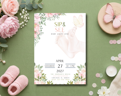 Floral Sip & See Baby Girl Invitation Template | Editable Canva Template | 5x7in & WhatsApp | Digital Download