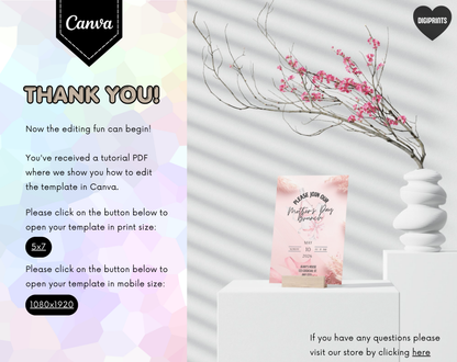 Mother's Day Brunch Invitation Template Pink | Editable Canva Template | 5x7in & WhatsApp | Digital Download