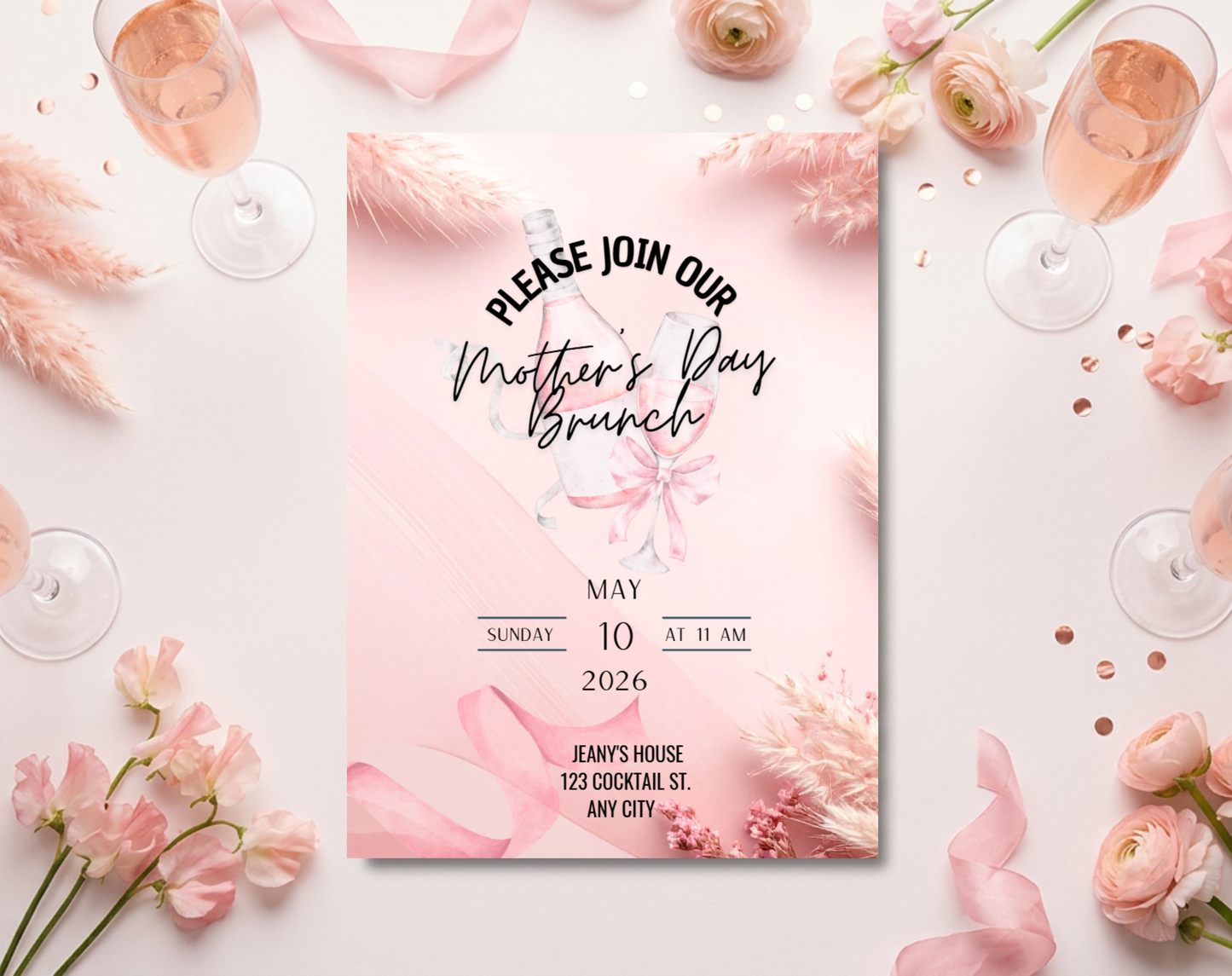 Mother's Day Brunch Invitation Template Pink | Editable Canva Template | 5x7in & WhatsApp | Digital Download