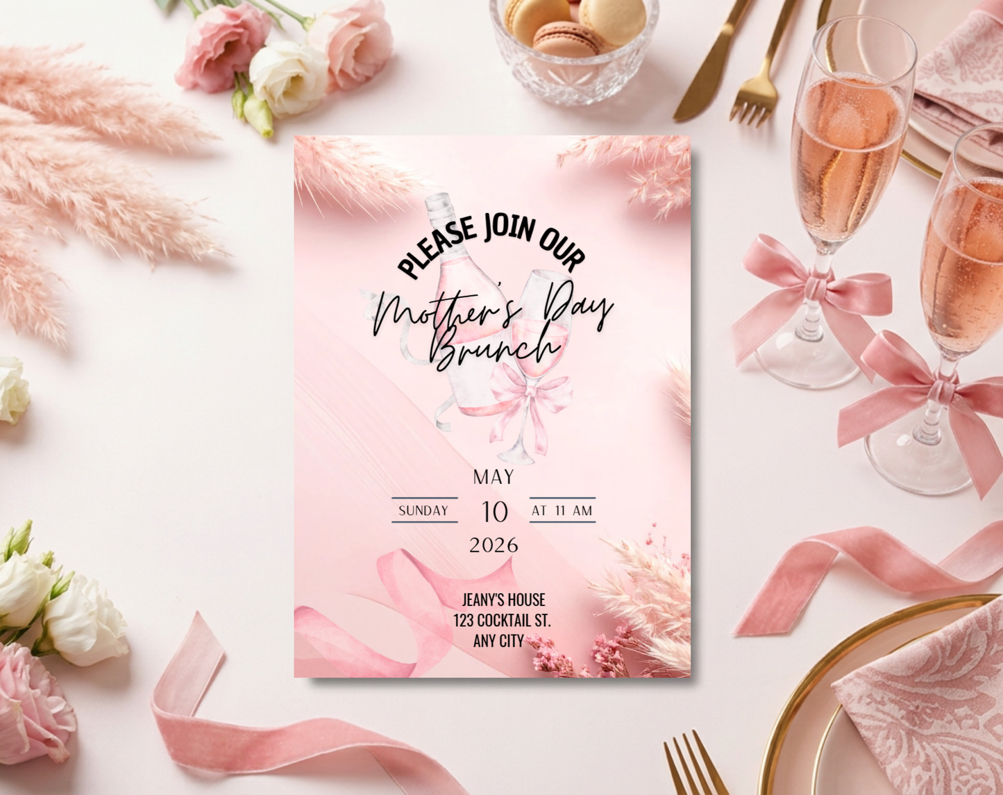 Mother's Day Brunch Invitation Template Pink | Editable Canva Template | 5x7in & WhatsApp | Digital Download