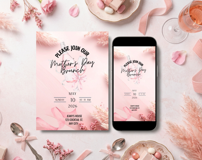 Mother's Day Brunch Invitation Template Pink | Editable Canva Template | 5x7in & WhatsApp | Digital Download