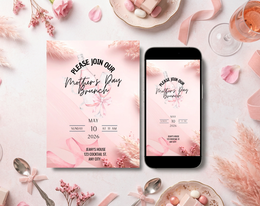 Mother's Day Brunch Invitation Template Pink | Editable Canva Template | 5x7in & WhatsApp | Digital Download
