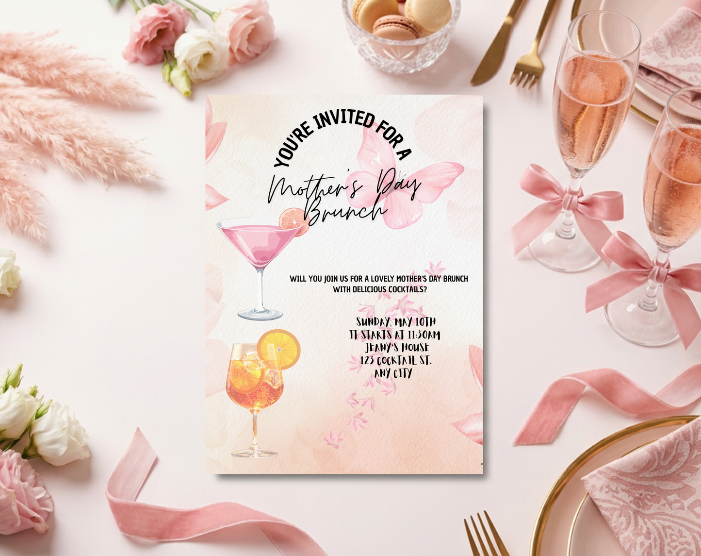 Mother's Day Brunch Cocktails Invitation Template | Editable Canva Template | 5x7in & WhatsApp | Digital Download