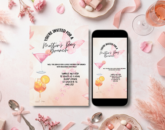 Mother's Day Brunch Cocktails Invitation Template | Editable Canva Template | 5x7in & WhatsApp | Digital Download