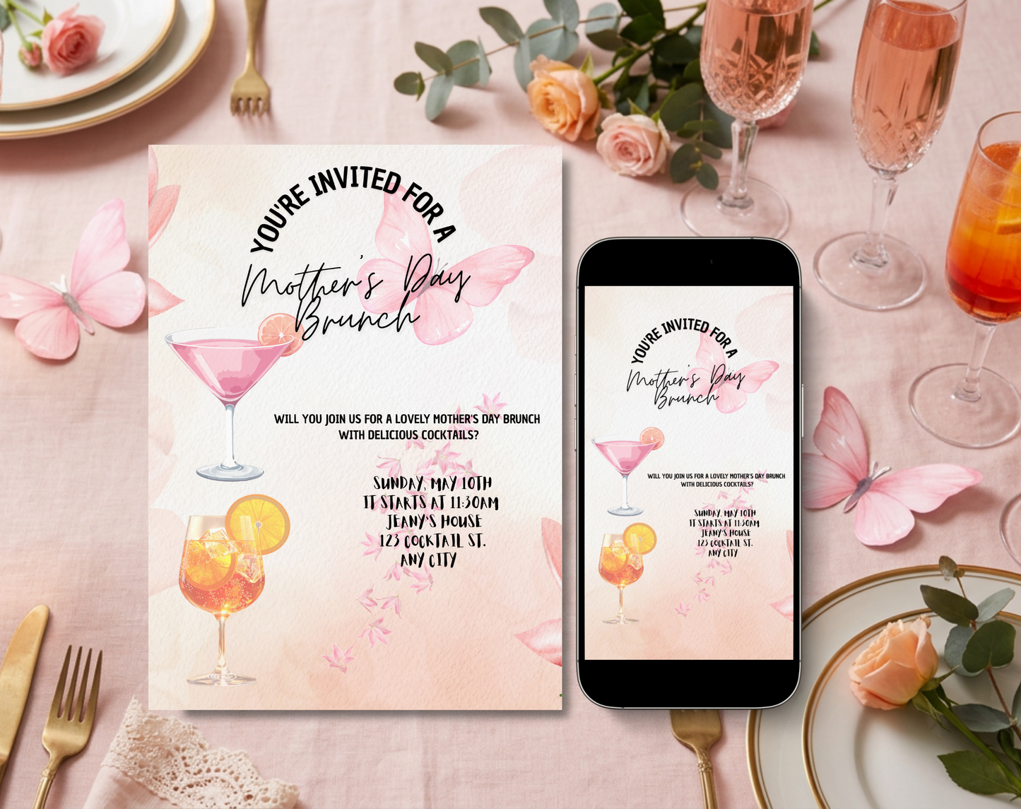 Mother's Day Brunch Cocktails Invitation Template | Editable Canva Template | 5x7in & WhatsApp | Digital Download