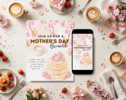 Mother's Day Brunch Pancakes Invitation Template | Editable Canva Template | 5x7in & WhatsApp | Digital Download