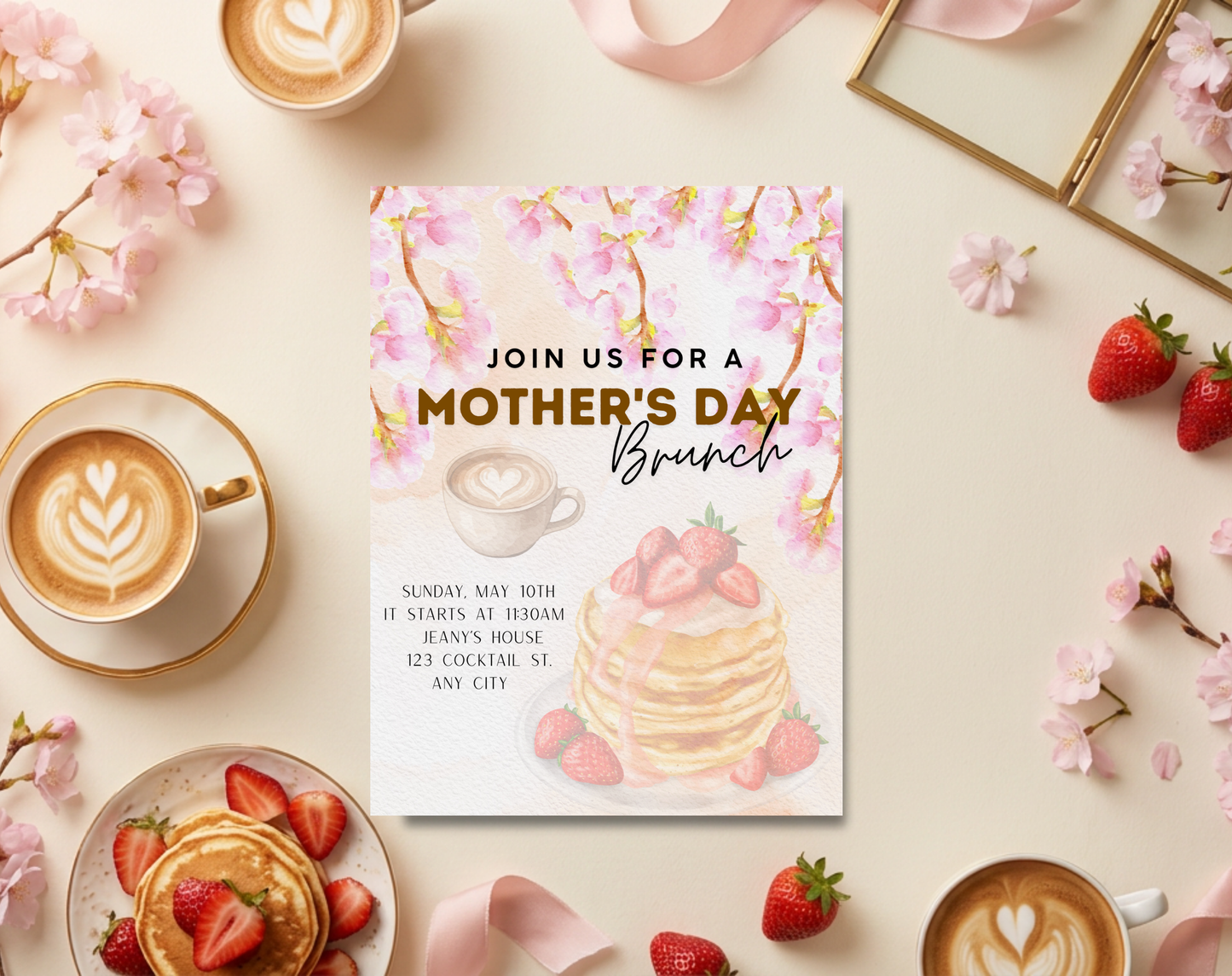 Mother's Day Brunch Pancakes Invitation Template | Editable Canva Template | 5x7in & WhatsApp | Digital Download