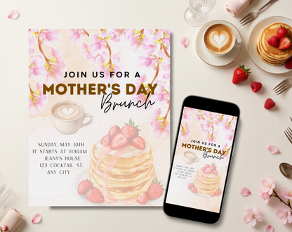 Mother's Day Brunch Pancakes Invitation Template | Editable Canva Template | 5x7in & WhatsApp | Digital Download