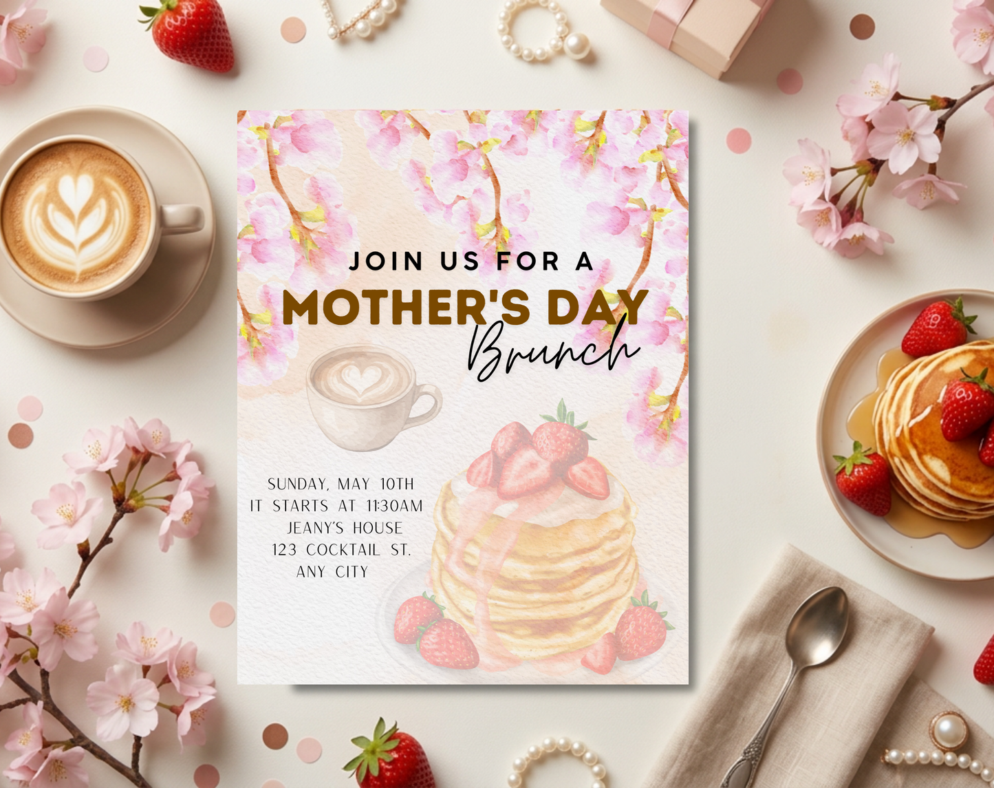 Mother's Day Brunch Pancakes Invitation Template | Editable Canva Template | 5x7in & WhatsApp | Digital Download
