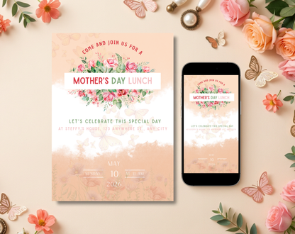 Mother's Day Lunch Invitation Template Floral | Editable Canva Template | 5x7in & WhatsApp | Digital Download