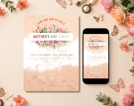 Mother's Day Lunch Invitation Template Floral | Editable Canva Template | 5x7in & WhatsApp | Digital Download