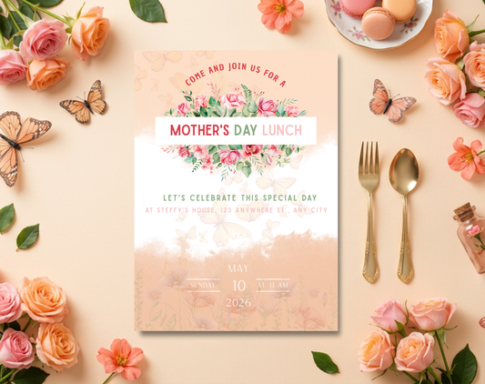 Mother's Day Lunch Invitation Template Floral | Editable Canva Template | 5x7in & WhatsApp | Digital Download