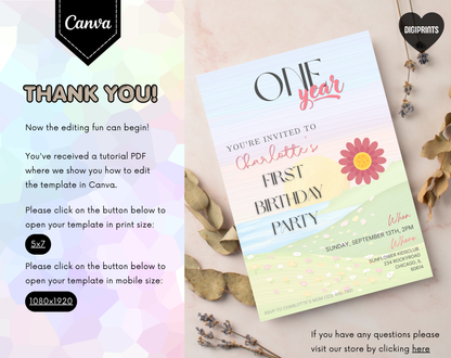 Watercolour Sunset First Birthday Invitation Template | Editable Canva Template | 5x7in & WhatsApp | Digital Download
