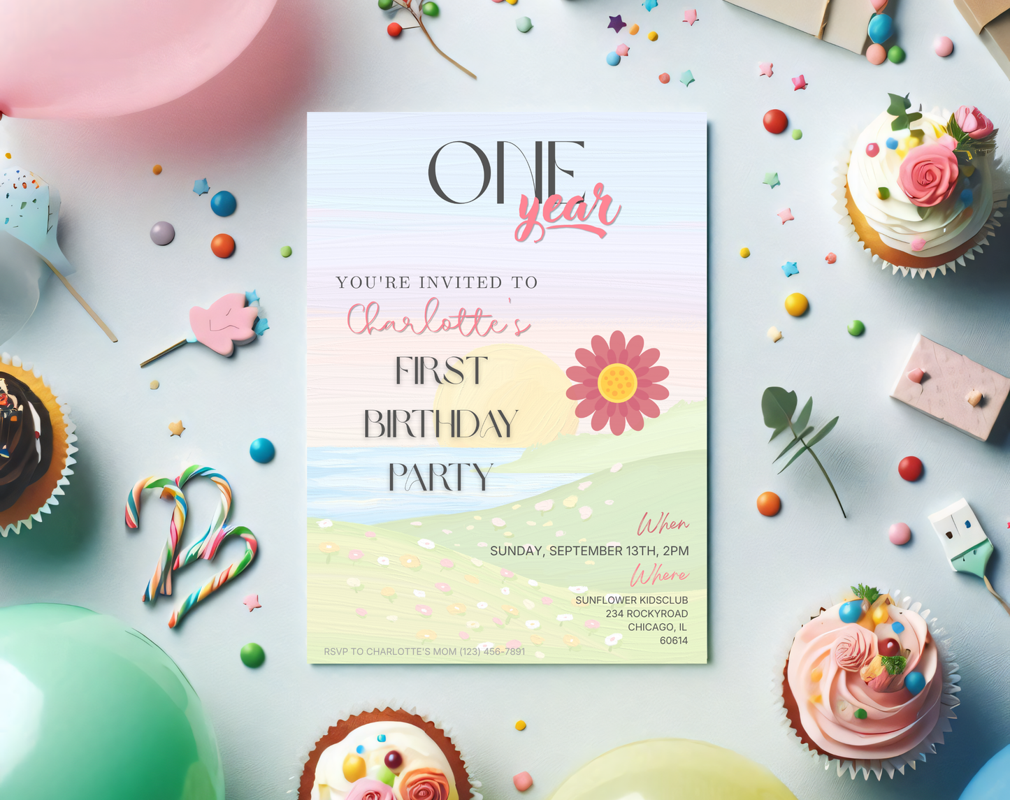 Watercolour Sunset First Birthday Invitation Template | Editable Canva Template | 5x7in & WhatsApp | Digital Download
