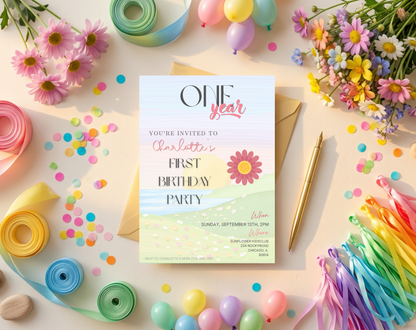 Watercolour Sunset First Birthday Invitation Template | Editable Canva Template | 5x7in & WhatsApp | Digital Download