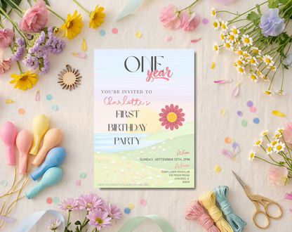 Watercolour Sunset First Birthday Invitation Template | Editable Canva Template | 5x7in & WhatsApp | Digital Download
