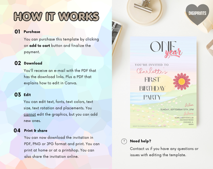 Watercolour Sunset First Birthday Invitation Template | Editable Canva Template | 5x7in & WhatsApp | Digital Download