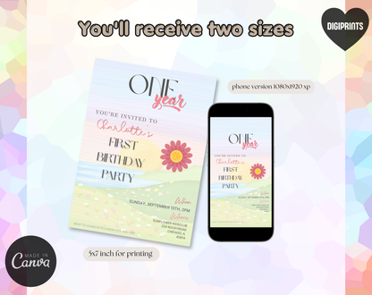 Watercolour Sunset First Birthday Invitation Template | Editable Canva Template | 5x7in & WhatsApp | Digital Download