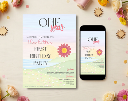 Watercolour Sunset First Birthday Invitation Template | Editable Canva Template | 5x7in & WhatsApp | Digital Download