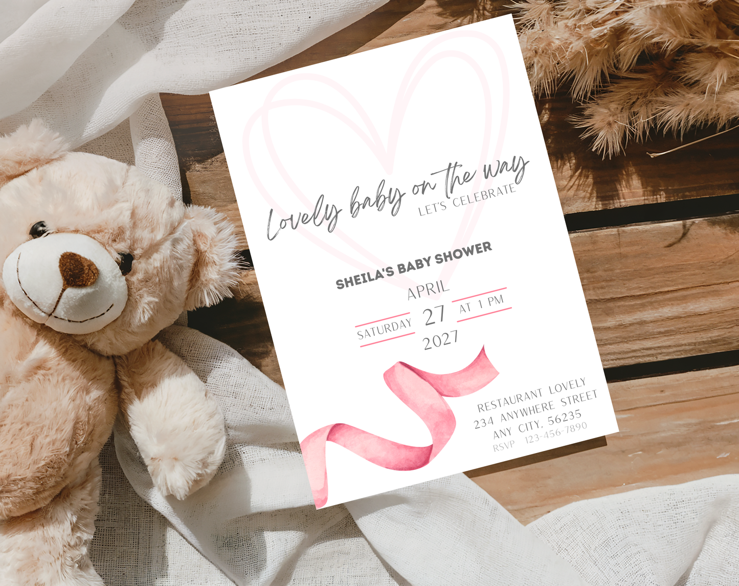 Pink Ribbon Baby Shower Invitation Template | Editable Canva Template | 5x7in & WhatsApp | Digital Download