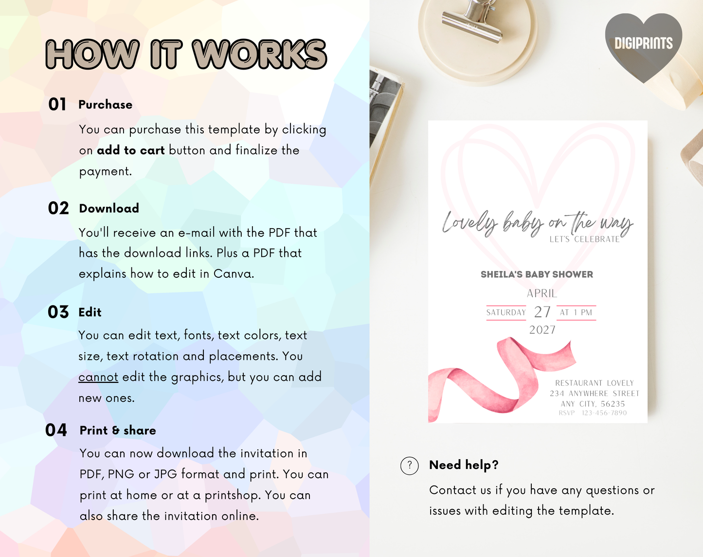 Pink Ribbon Baby Shower Invitation Template | Editable Canva Template | 5x7in & WhatsApp | Digital Download