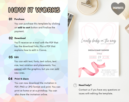 Pink Ribbon Baby Shower Invitation Template | Editable Canva Template | 5x7in & WhatsApp | Digital Download