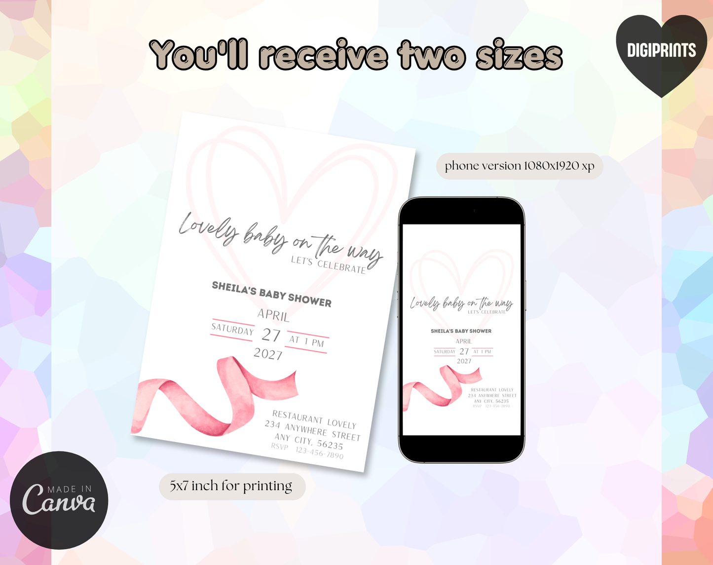 Pink Ribbon Baby Shower Invitation Template | Editable Canva Template | 5x7in & WhatsApp | Digital Download