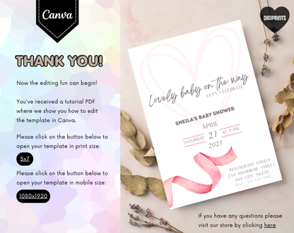 Pink Ribbon Baby Shower Invitation Template | Editable Canva Template | 5x7in & WhatsApp | Digital Download