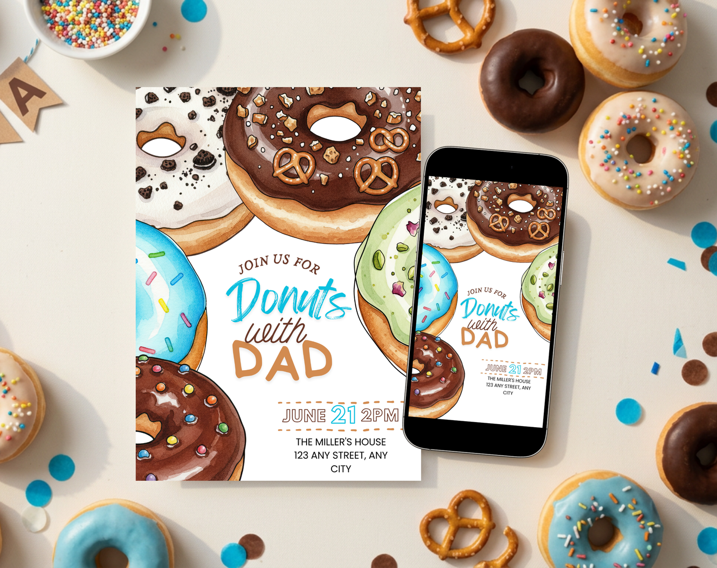 Donuts with Dad Father's Day Invitation Template | Editable Canva Template | 5x7in & WhatsApp | Digital Download