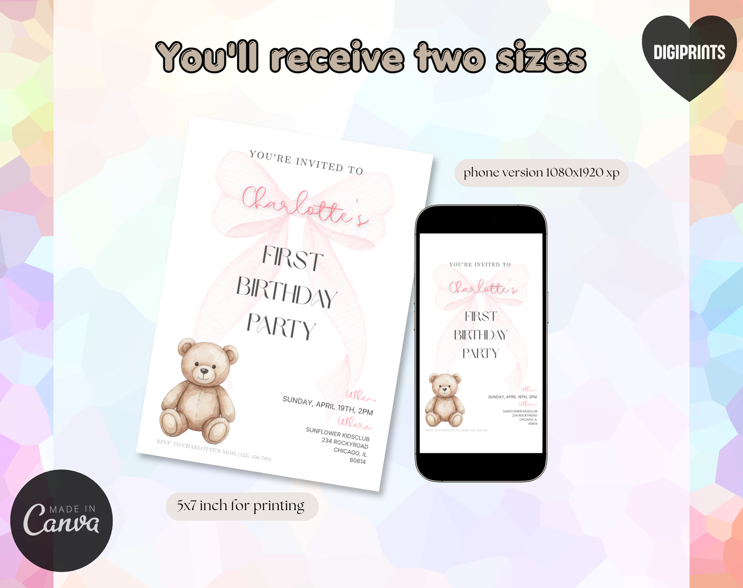 Teddy Bear First Birthday Invitation Template | Editable Canva Template | 5x7in & WhatsApp | Digital Download