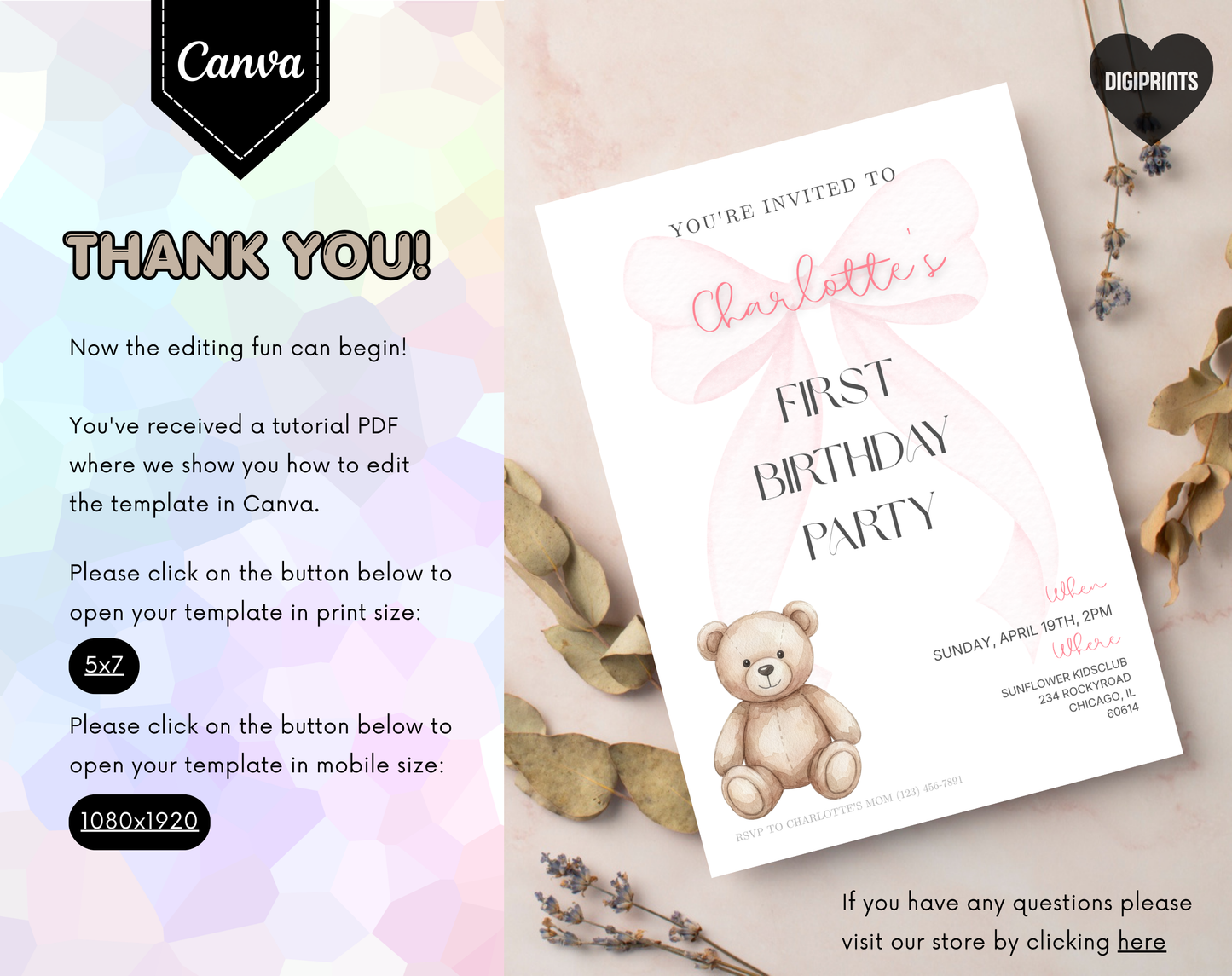 Teddy Bear First Birthday Invitation Template | Editable Canva Template | 5x7in & WhatsApp | Digital Download