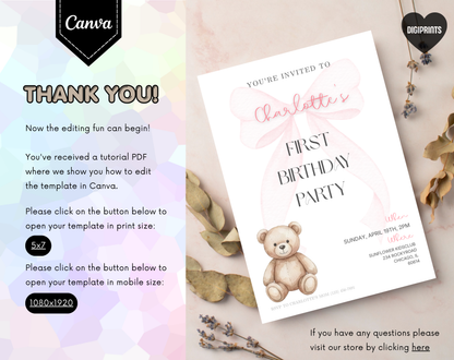 Teddy Bear First Birthday Invitation Template | Editable Canva Template | 5x7in & WhatsApp | Digital Download