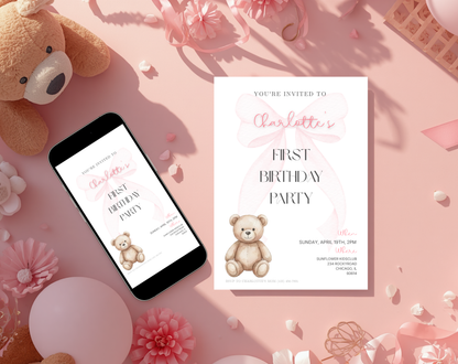 Teddy Bear First Birthday Invitation Template | Editable Canva Template | 5x7in & WhatsApp | Digital Download