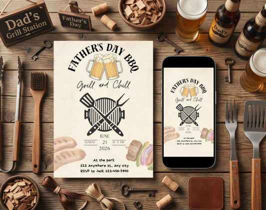Father's Day BBQ Invitation Template | Editable Canva Template | 5x7in & WhatsApp | Digital Download