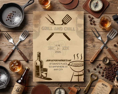 Father's Day Grill and Chill Invitation Template Vintage | Editable Canva Template | 5x7in & WhatsApp | Digital Download