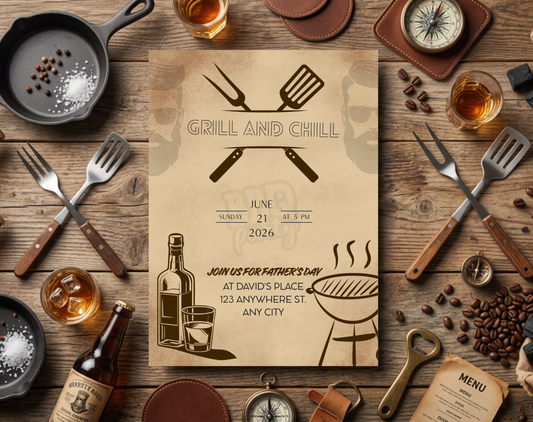 Father's Day Grill and Chill Invitation Template Vintage | Editable Canva Template | 5x7in & WhatsApp | Digital Download