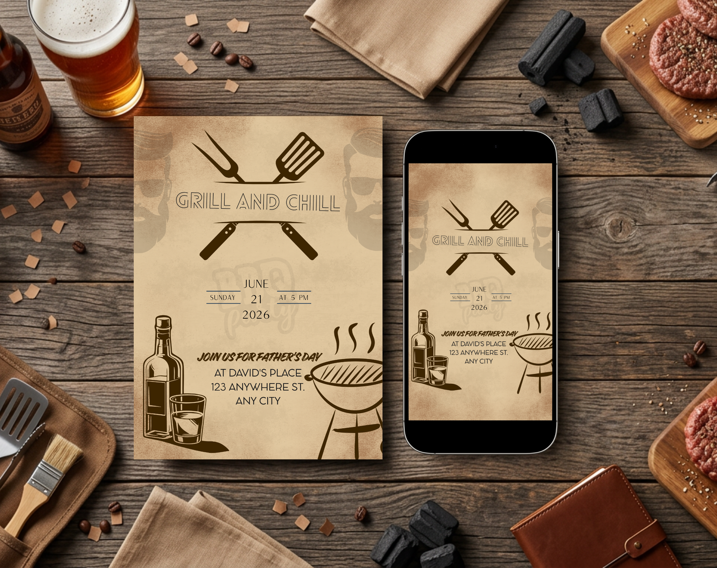Father's Day Grill and Chill Invitation Template Vintage | Editable Canva Template | 5x7in & WhatsApp | Digital Download