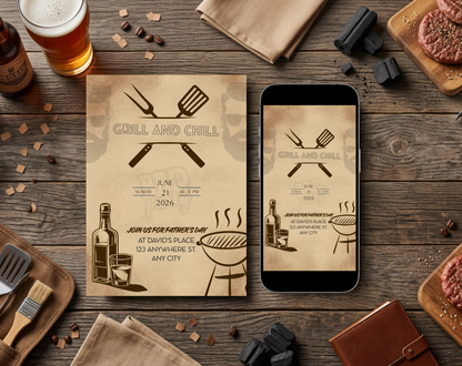 Father's Day Grill and Chill Invitation Template Vintage | Editable Canva Template | 5x7in & WhatsApp | Digital Download
